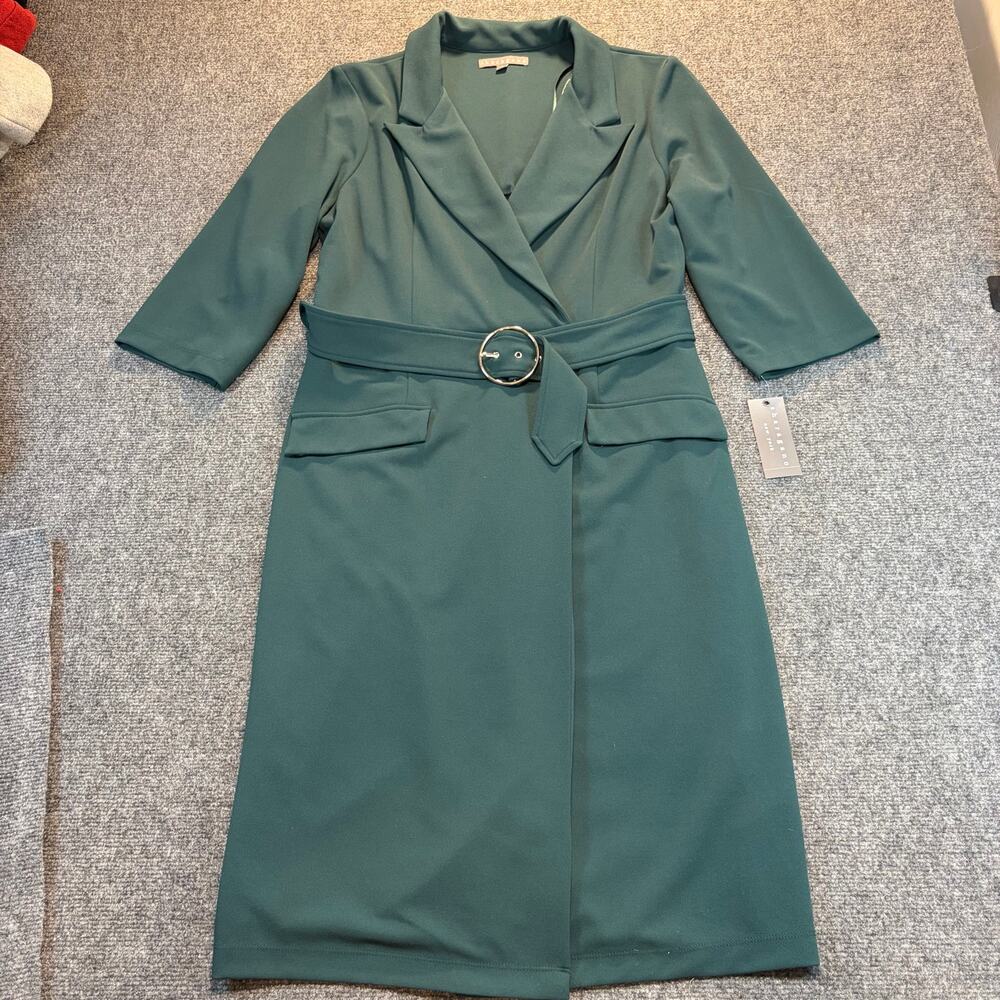 Sharagano Pine Green Blazer Dress Belted Notched Lapel Midi NWT Size 16